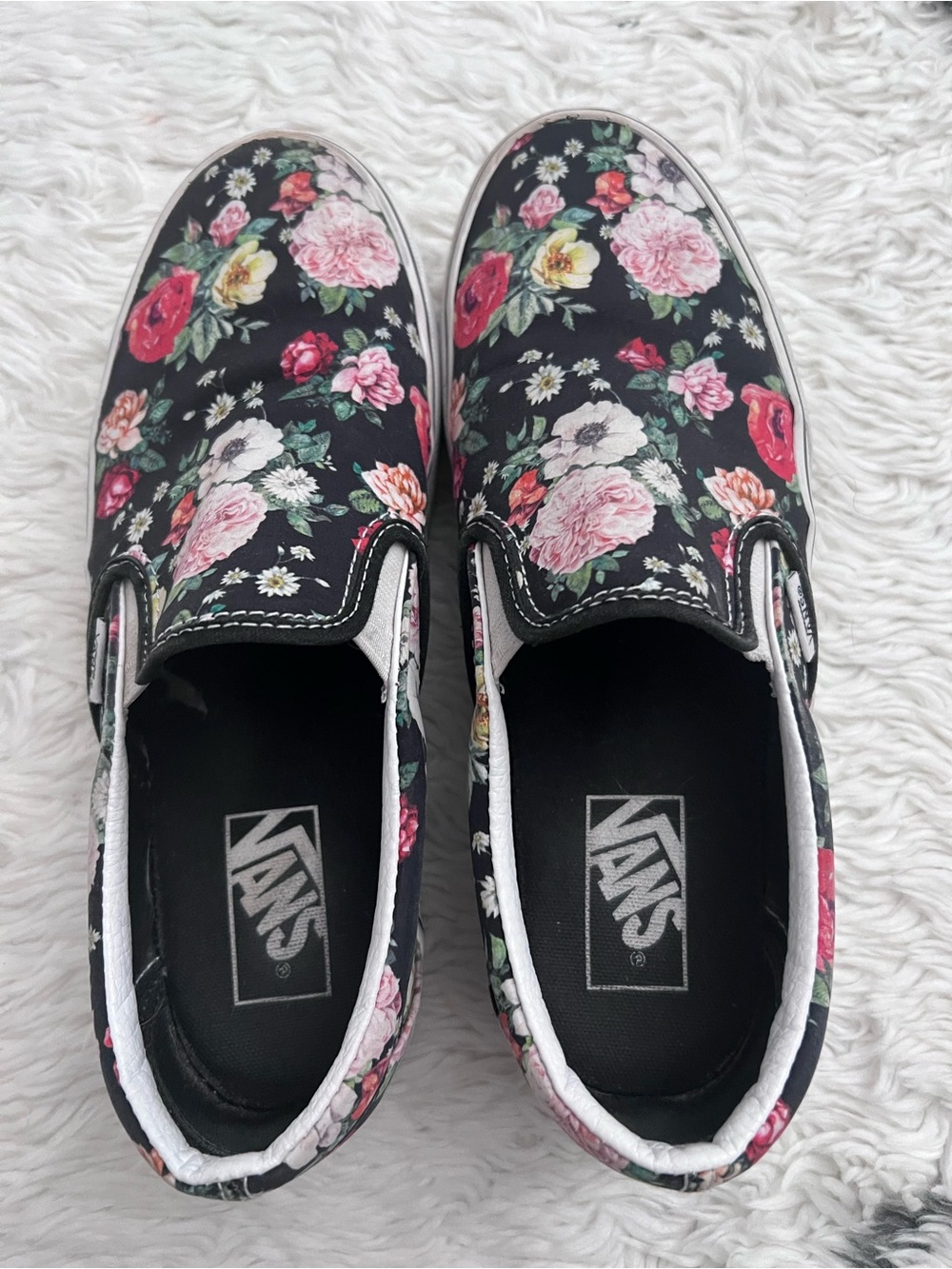 Vans Women’s Floral Slip-On Sneakers - Black with Pink & Red Flowers